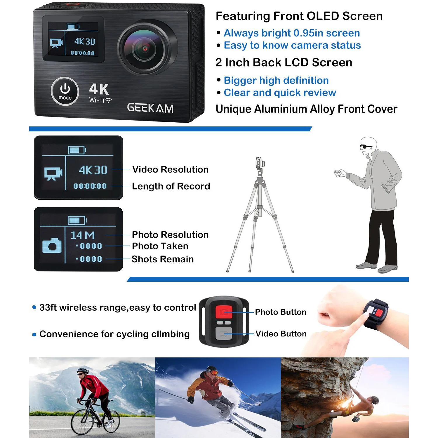 Горячие TTKK GEEKAM действие Камера K8 Ultra HD 4 K WI FI Спорт 360VR 1080 P двойной 2 дюйма ЖК
