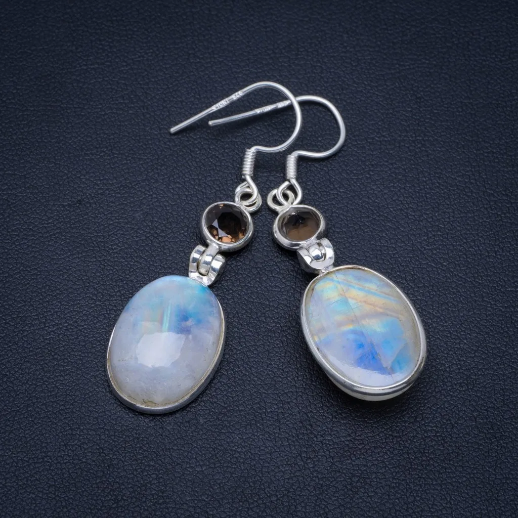 

Natural Rainbow Moonstone and Smoky Quartz Handmade Unique 925 Sterling Silver Earrings 2" A4471