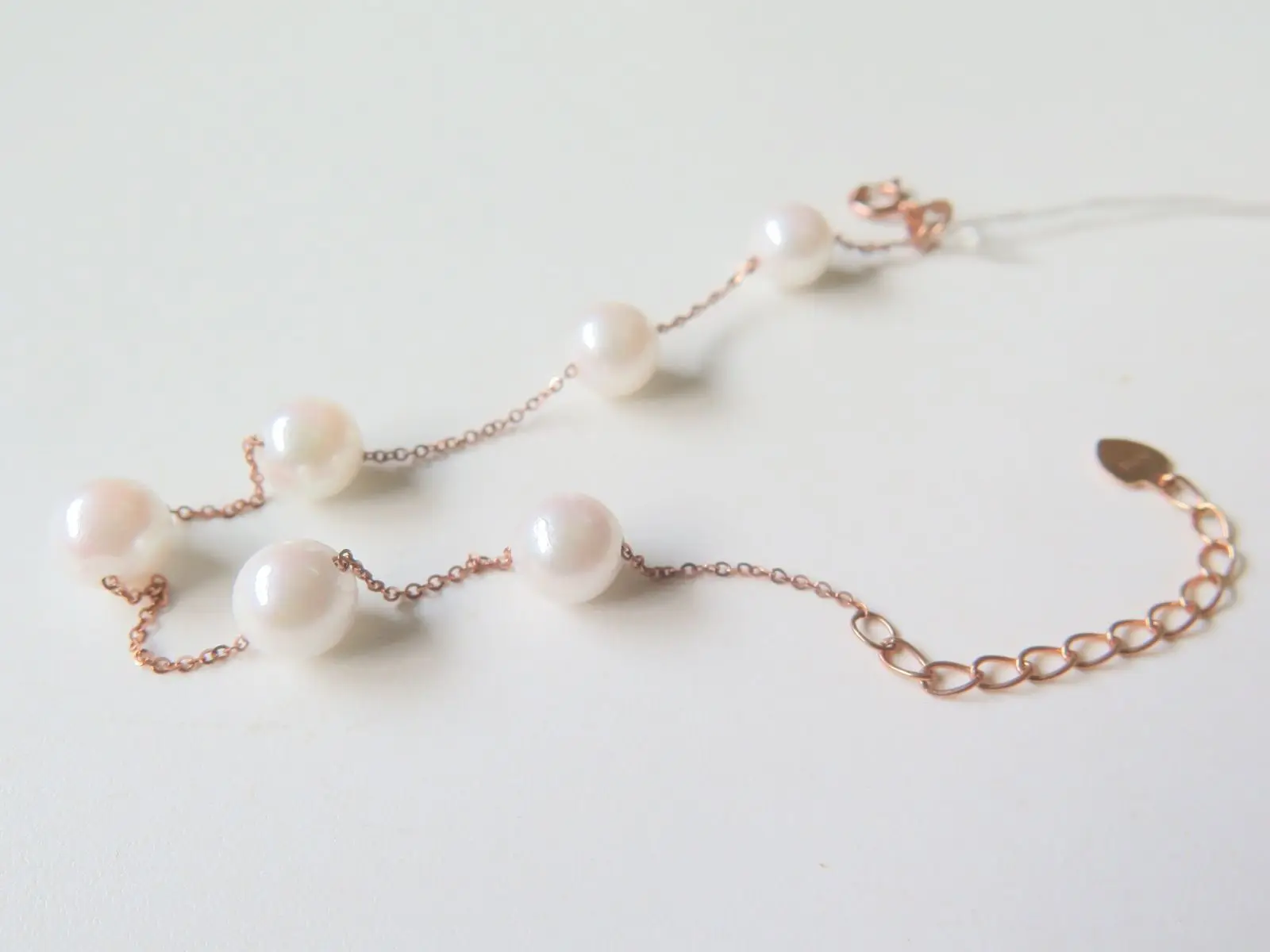 

AU750 Pure 18K Rose Gold Women Perfect Pearl Beads O Link Chain Bracelet