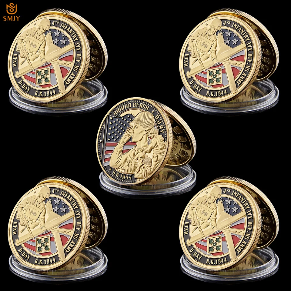 

5Pcs 1944.6.6 WW II Infantry Ivy Div US Army Gold Plated Utah D-Day Decorative Coin Collectibles W/Protect Capsule