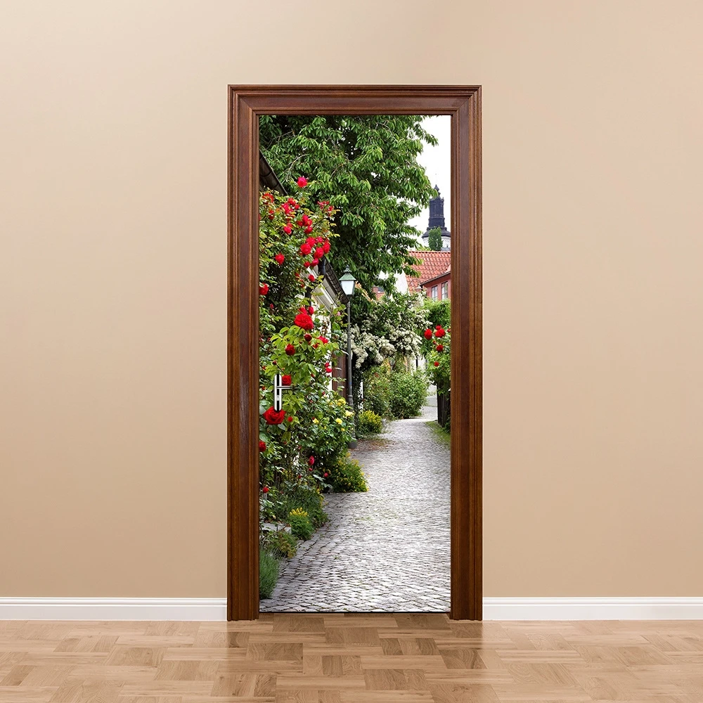 

3D Rose Flower Town Door Mural Stickers Reusable Waterproof PVC Wall Decal Poster DIY Self-adhesive Imitation Wallpaper Stickers