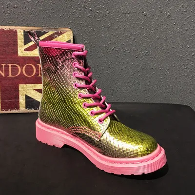 

2018 Shoes Woman Leather Graffiti Ankle Boots Square Toes Lace-up Mixed Color Boots Woman zapatos de mujer