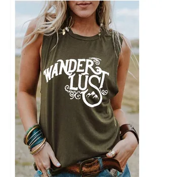 

Women Summer Tops 2019 Tank Top Cotton Casual T-Shirt Sexy Sleeveless Cute Tops Tee Print Wanderlust Letter Fashion Party Tops