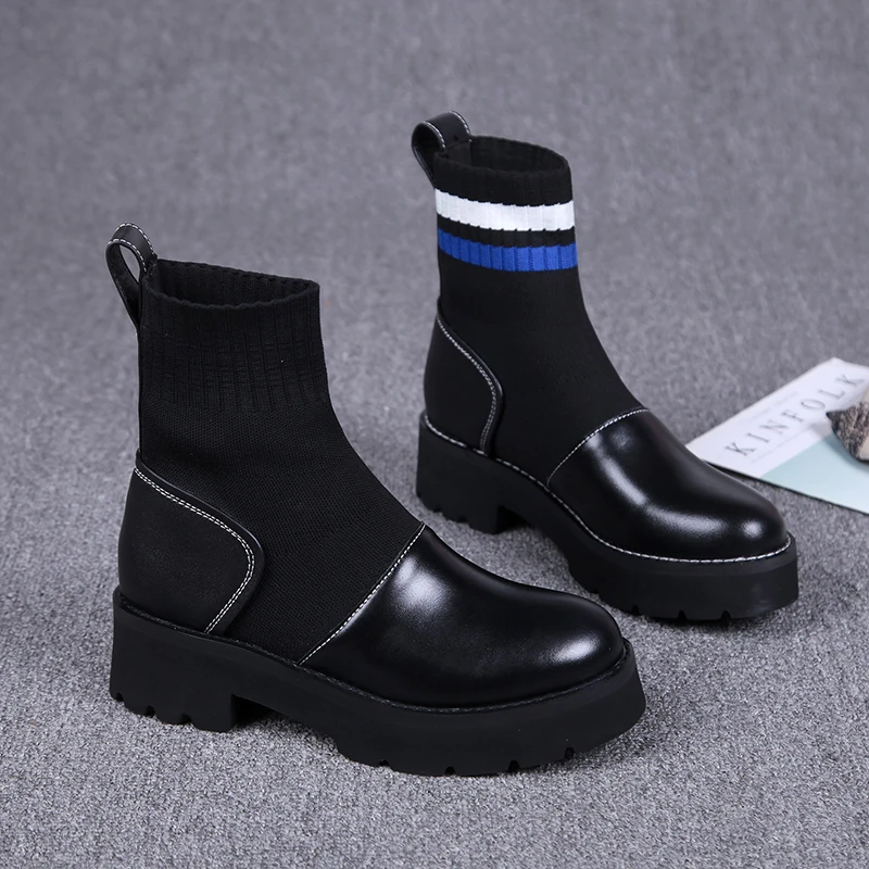 

zapatos de mujer 2018 Shoes Woman Leather Med Heels Round Toes Mixed Color Ankle Boots Platform Boots Woman botas mujer