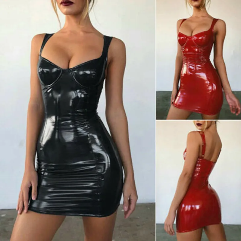 

2019 New Women Leather Dress Soft PU Faux Leather Dress V Nck Sexy Slim Retro Black Short Mini Dress vestido de festa