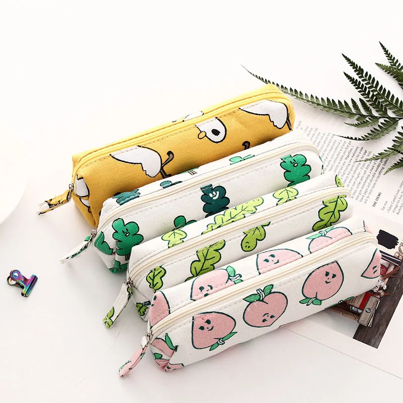 

Cute Peach Pencil Case Green Plant Canvas School Pencilcase Kawaii Pencil Bag For Girls Gift Supplies Korean Stationery