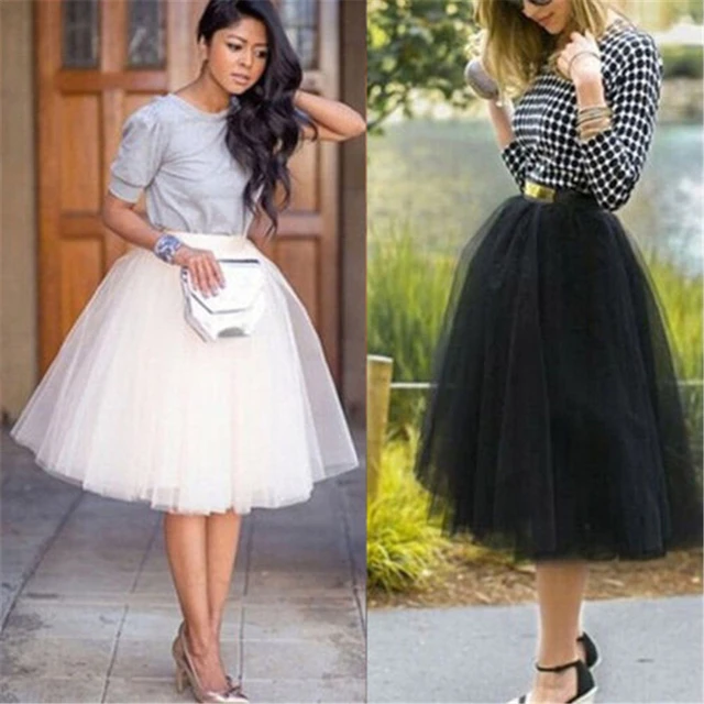 Falda de tul de capas para mujer adulta, tutú de Ballet, falda de baile,  Falda Midi de encaje blanco y negro sólido - AliExpress