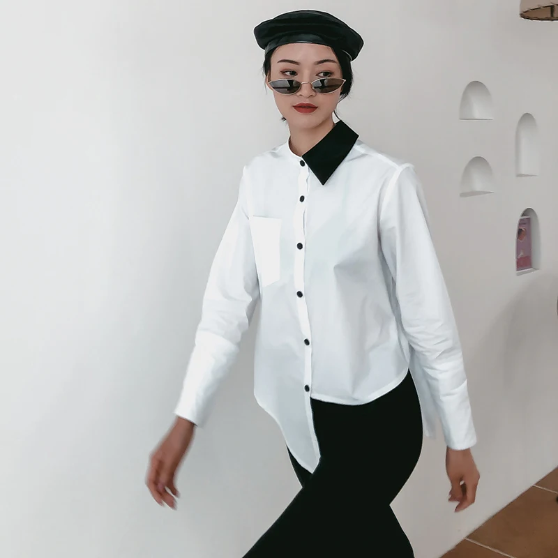 

[EWQ] New Pattern Of 2019 Spring Summer Half Lapel Single Breasted Solid Asymmterical Patchwork Streetwear Shirt Women AD99300