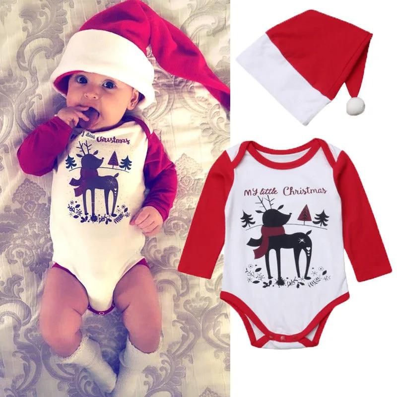 

Hot sale Cotton Deer My 1st Christmas Newborn Baby Boy Girls One Piece Bodysuit Jumpsuit With Hat Outfit Clothes