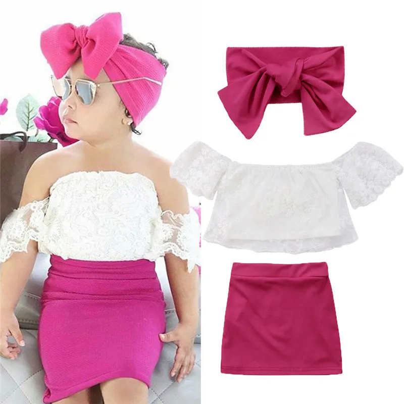 

Kids Baby Girl clothes Off shoulder Lace pullover Geometry short sleeve Tops solid Skirts Bow Headband 2pc cotton summer Outfits