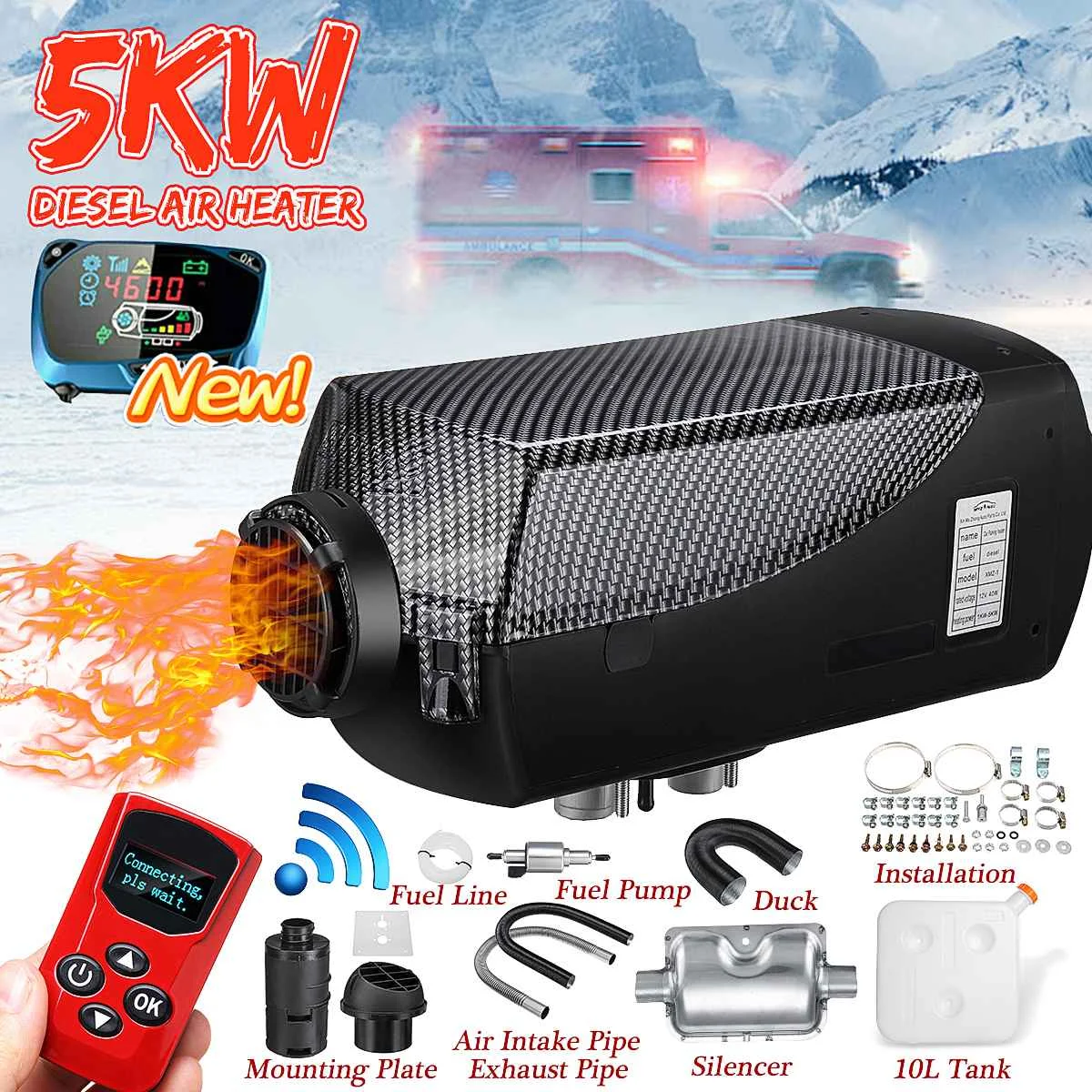 

12V 5KW Diesel-Air Heater 2 Holes Parking Heating Car Heater LCD Monitor + Silencer + 10L Tank with Remote Control for RV Boats