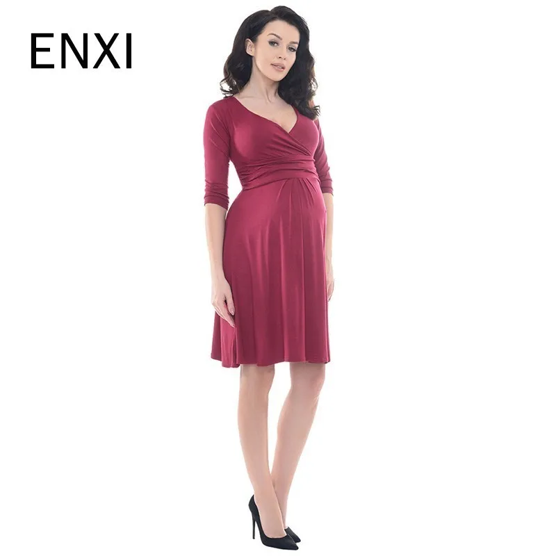 

ENXI 2019 New V-Neck Maternity Dress Clothing Summer Half Sleeve Clothes For Pregnant Women Maternity Wear Maternity Dresses