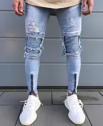 Для мужчин 2019 джинсы сезон: весна–лето Хип-Хоп пот Штаны узкие мото Повседневное рваные с дырками джинсовые брюки карандаш с молнией