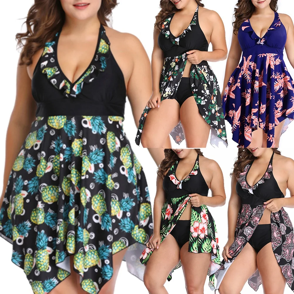 Plus Size 6XL Women's Floral Printing Tankini Fashion Two Piece Set Swimming Set Swimming Suit Bathing Suit