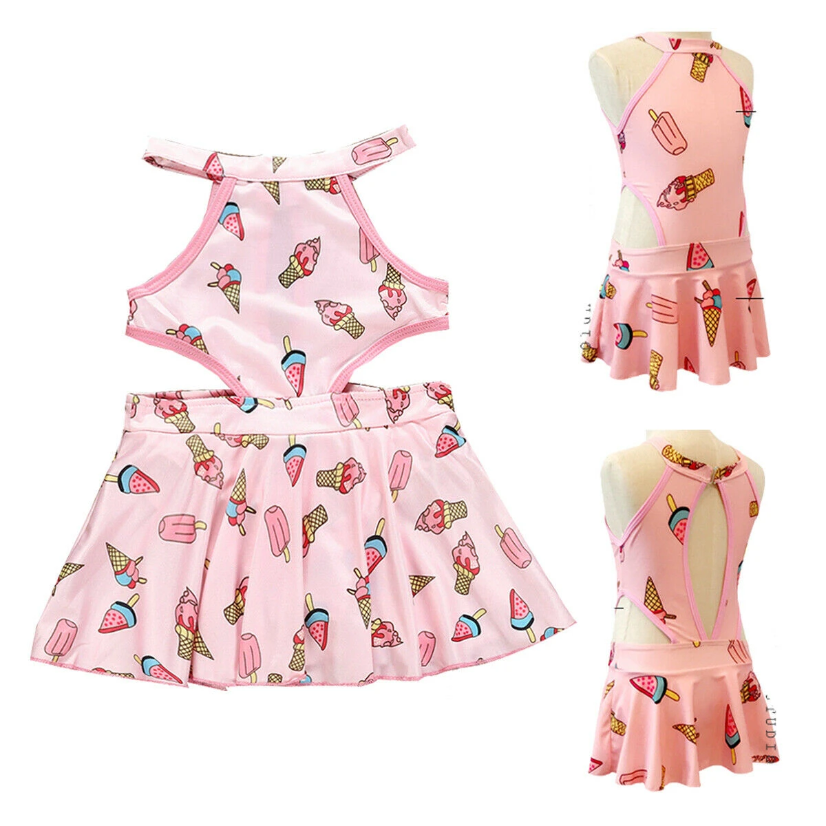 

New Kids Baby Girl Clothes Waist Hollow Backless Beach Dress Ice Cream Print Swimwear Bathing Outfits 0-5T