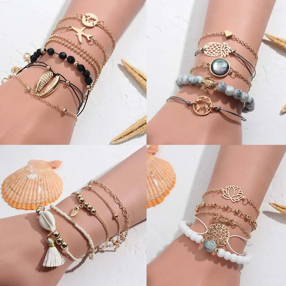

JUST FEEL 2019 Bohemian Marble Stone Beads Bracelets Set For Women Natural Stone Tassel Feather Bangles Bracelet Femme Jewelry