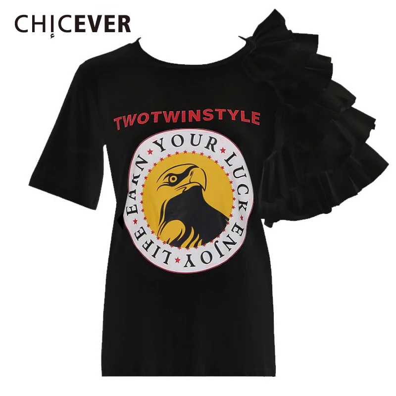 

CHICEVER Summer Print Letter Women T shirts Top Short Sleeve Ruffles O neck Black loose Female T shirt Female Clothes Fashion