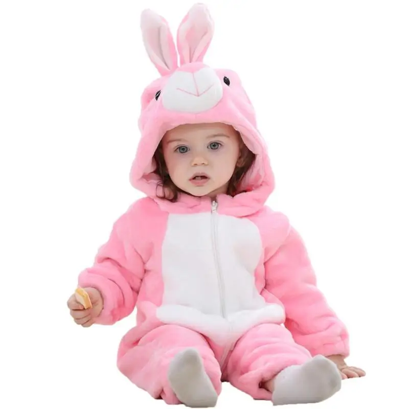 

Baby Romper Winter Flannel Front Zipper Cartoon Animal Soft Hooded Jumpsuit For Newborn Toddler Baby Clothing Costumes