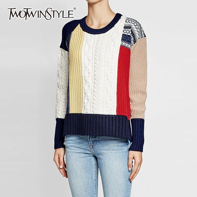 

TWOTWINSTYLE Knitting Pullover Tops Female O Neck Long Sleeve Patchwork Hit Colors Women's Sweater Spring 2019 Casual Fashion