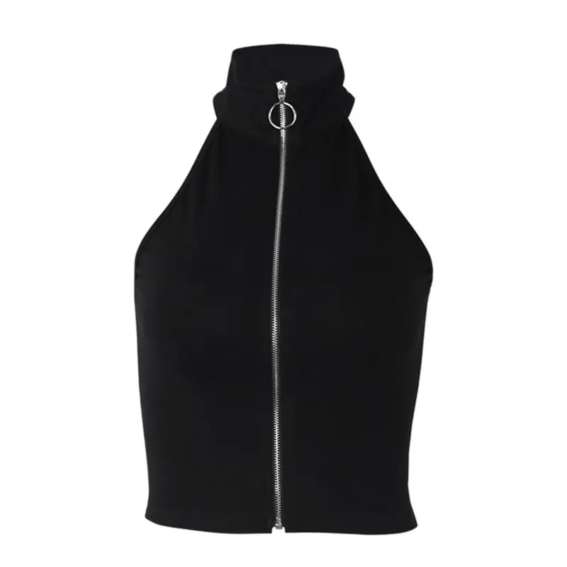 

Summer Black Casual Halter Tank Tops Women 2019 Zipper Fashion Fitness Ladies Gothic Streetwear Club Sexy Off Shoulder Crop Top