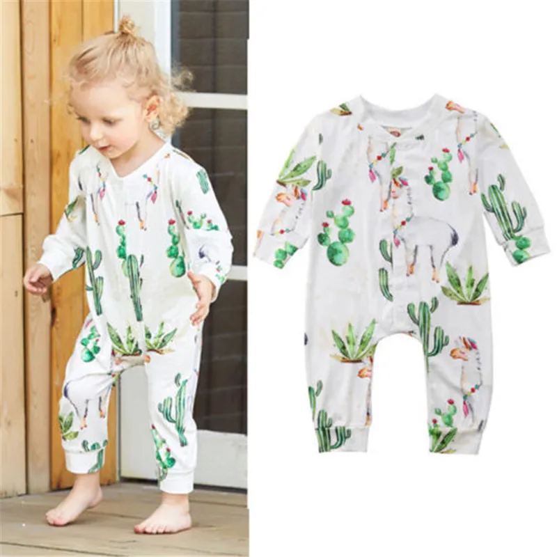 Одежда для детей; малышей; девочек одежда с длинным рукавом v-образным вырезом кнопка кактус комбинезон с принтом хлопок Повседневная