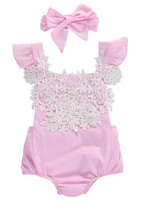 

Newborn Baby Girl Floral Crochet One-piece Bodysuit Babies Lace Flower Jumpsuit Headband Outfits Set Clothes 0-18M