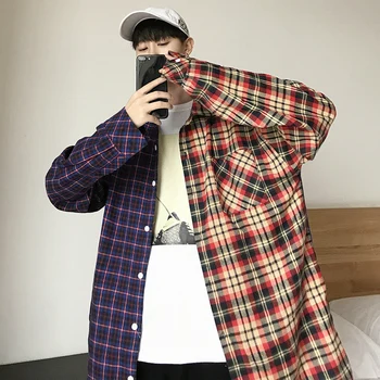 

Spring New Men's Cared Shirt Fashion Contrast Color Stitching Casual Shirt Man Street Hip Hop Lose Long Sleeved Men's Shirt
