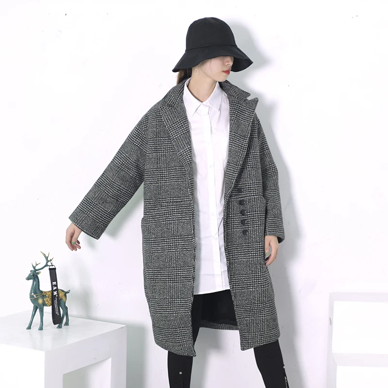 Revers Manches Nouveau 2019 Lâche Poitrine Unique Printemps Chaud Plaid Grand Manteau Pardessus Mode Longues Hiver Wollen eam Femmes De Gray Noir Sxfwnx