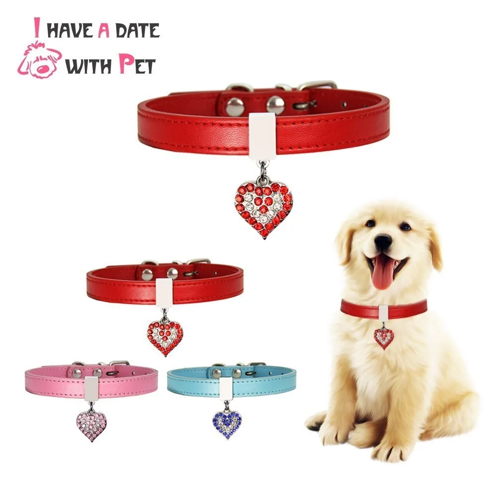 

PU Leather Dog Collar With Rhinestone Heart Shape accessories for Small Dog Puppy Collars Pink Rose Red Blue Strap Pet Supplies
