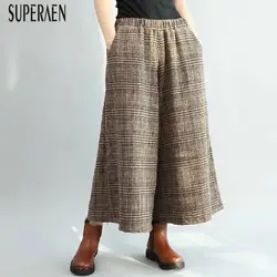 SuperAen новые эластичные шерстяные брюки женские дикие повседневные модные брюки женские Весна и зима 2019 клетчатые широкие брюки