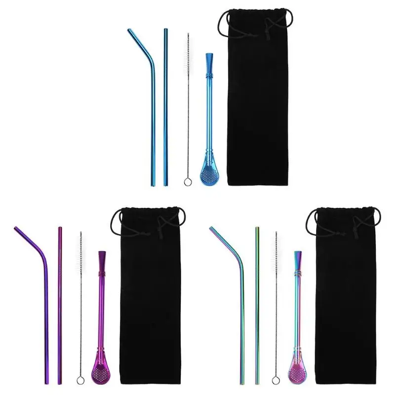 

5pcs/set Metal Straws Stainless Steel Reusable Straight Bent Straws+Cleaning Brush Kit Home Bar Coffee Milk Drinking Accessories