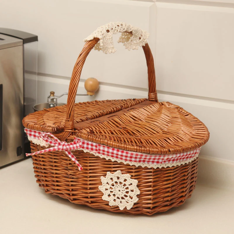 

Wood Oval Natural Willow Wicker Picnic Hamper Shopping Storage Basket W/ Handle
