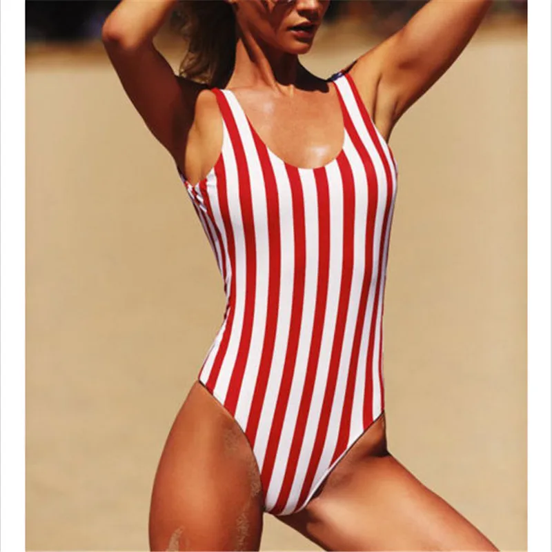 

2019 Summer Women Red White Stripped One-Piece Swimsuit Bathing Suit Swimwear Beachwear Women One Piece Bikinis