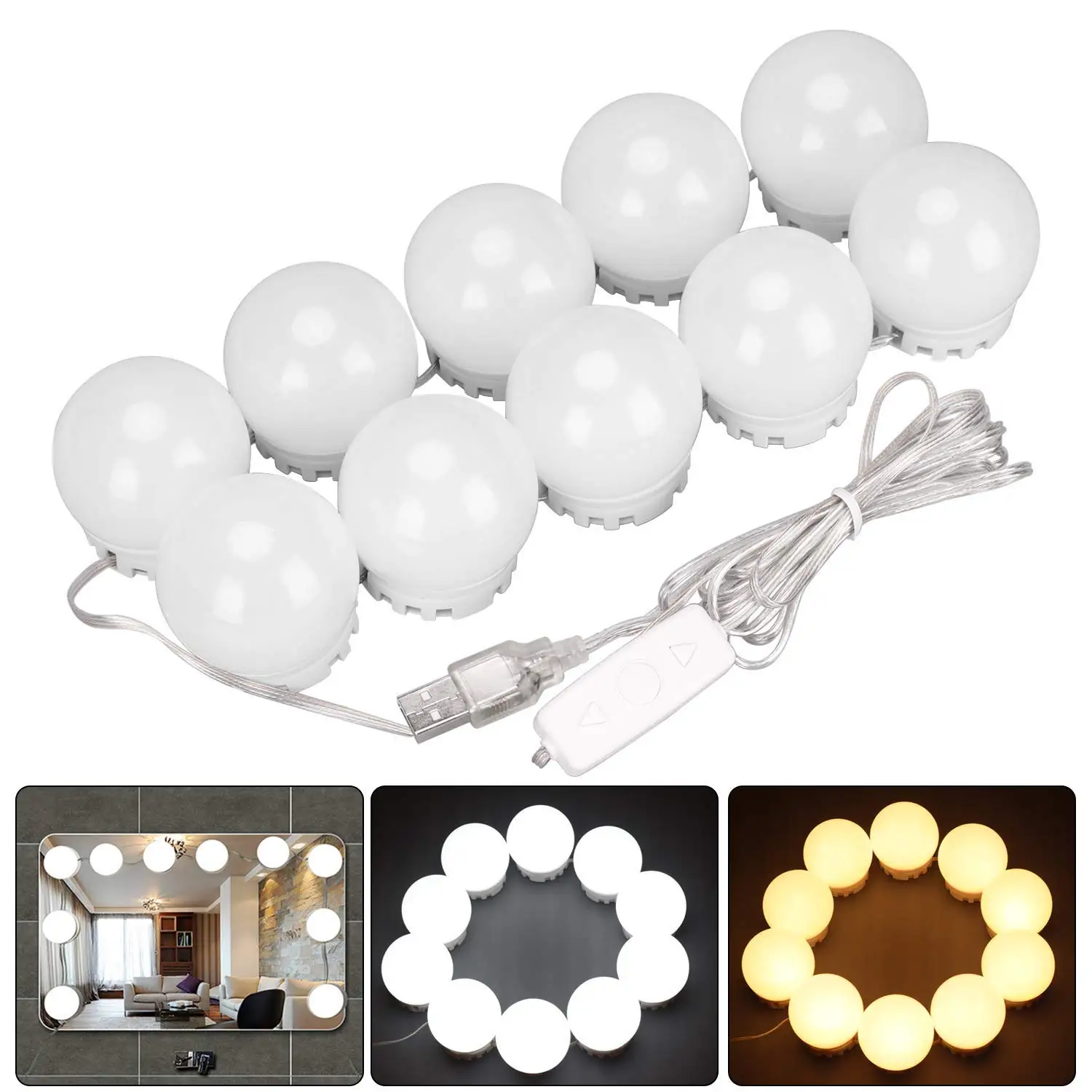 

LED Vanity Mirror Lights Kit USB Powered Hollywood Style 10 Dimmable Bulbs Makeup Lighting Fixture Strip Make-up Dressing Table