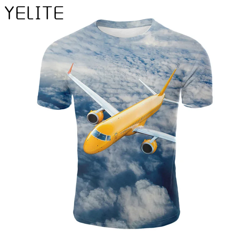 

YELITE a row of planes taking off T-Shirt Streetwear 3d Print TShirt Men Yellow airplane flying in the clouds T shirts O-neck