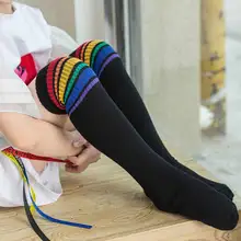 high Socks quality Thigh High Socks Over Knee Rainbow Stripe Girls long socks women over knee stripe Women Soft Knit Over Knee multi stripe open knit tee