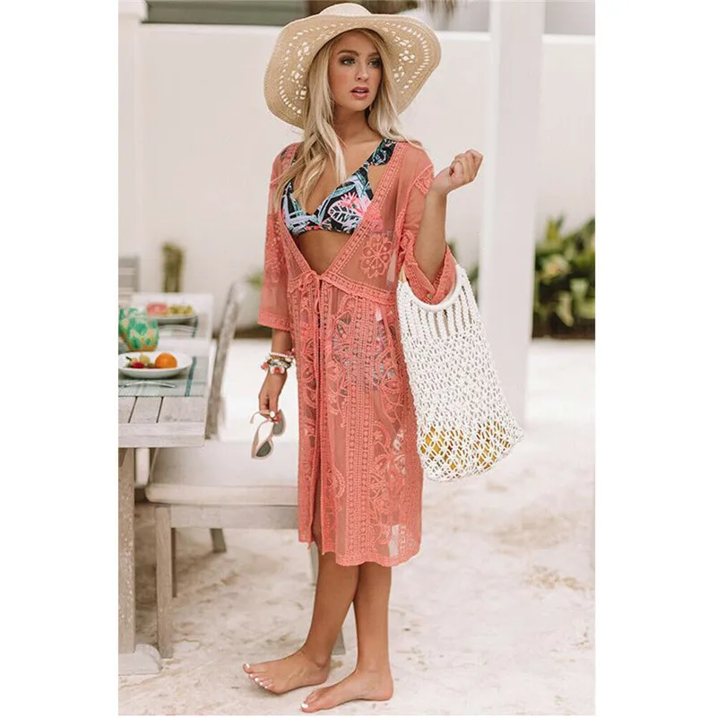 Women Sexy Lace Bikini Cover Up Elegant Mesh Transparent Beach Dress Transparent tunic kaftan Beach Cover Up Bathing Suit Women Sexy Lace Bikini Cover Up Elegant Mesh Transparent Beach Dress Transparent tunic kaftan Beach Cover Up Bathing Suit