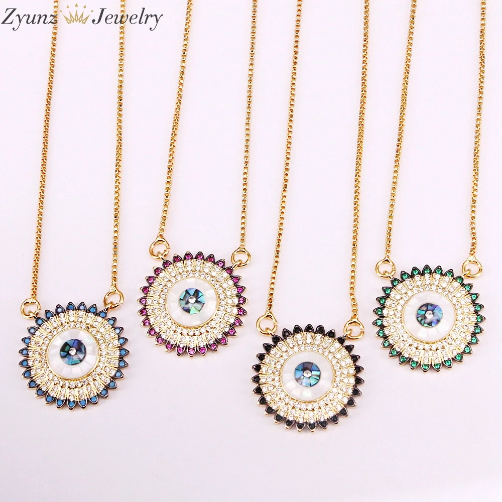 

5PCS Round eye shell micro pave CZ pendant, gold color round zirconia pendant double bail turkish eye jewelry necklace
