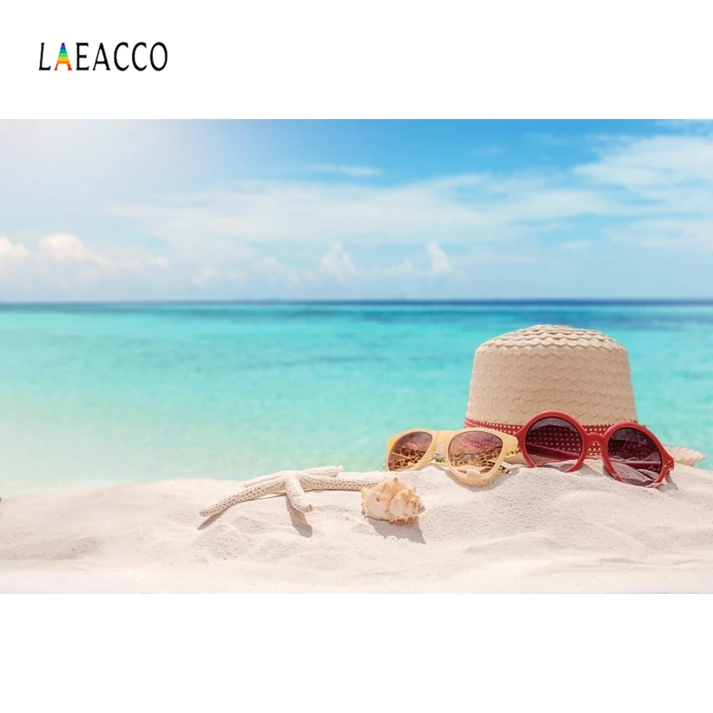 

Laeacco Summer Sea Beach Hat Tropical Backdrop Photography Backgrounds Customized Photographic Backdrop For Photo Studio