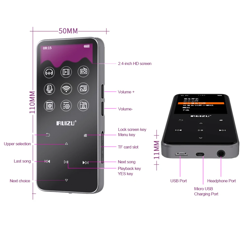 RUIZU 8 Гб mp3 плеер D10 цифровой BT без потерь аудио видео Bluetooth FM радио Запись голоса