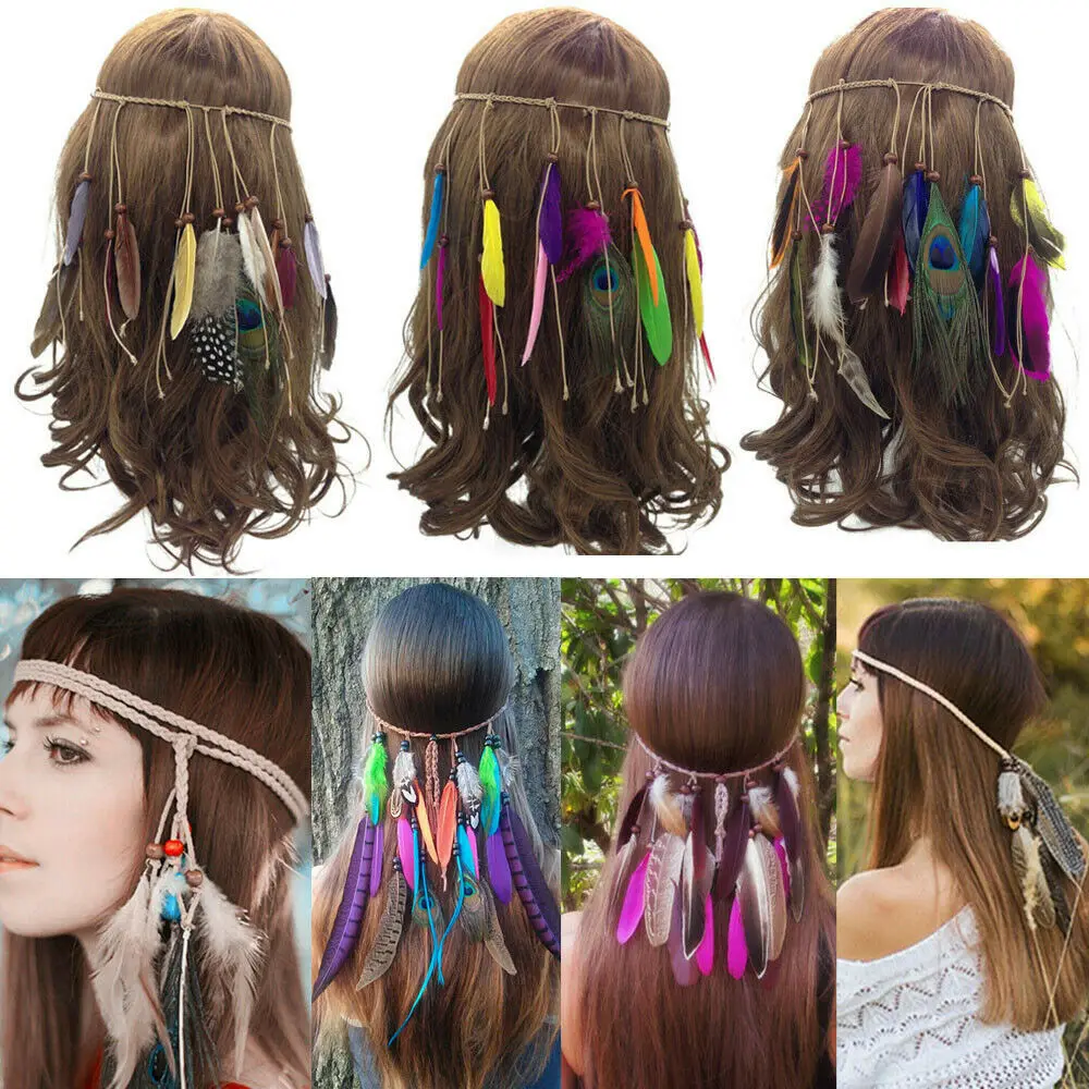 

NEW Fashion Hippie Indian Feather Headband Boho Weave Feathers Hair Rope Headdress Costume