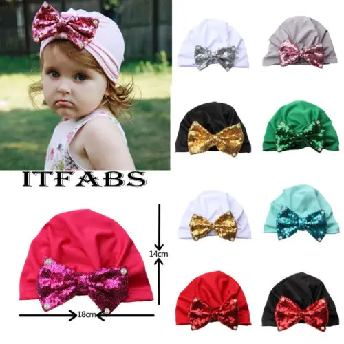 Baby Toddler Girls Cute Glitter Sequin Bowknot Turban Hat Stretchy Beanie Cap