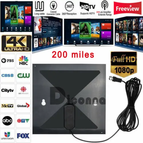 

200 Miles Indoor Digital HD TV Antenna with Signal Amplifier Booster HDTV Range 4K HD VHF UHF Freeview Television Antenna