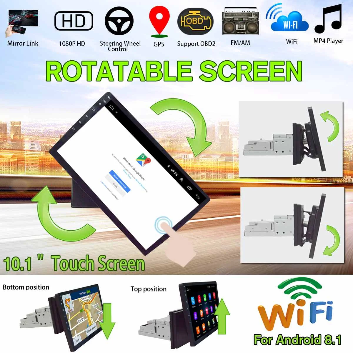 

Rotatable Car Multimedia Player 10.1" 2G+32G for Android 8.0/8.1 GPS Nav WiFi bluetooth Radio Car Stereo 1Din Universal Player