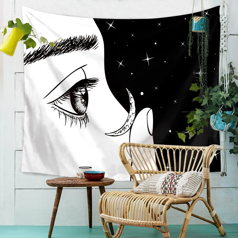 

Black White Painting Wall Tapestry Mandala Hippie Boho Women Man Hanging Wall Tapestries Floral Wall Art Cloth Macrame Tapestry