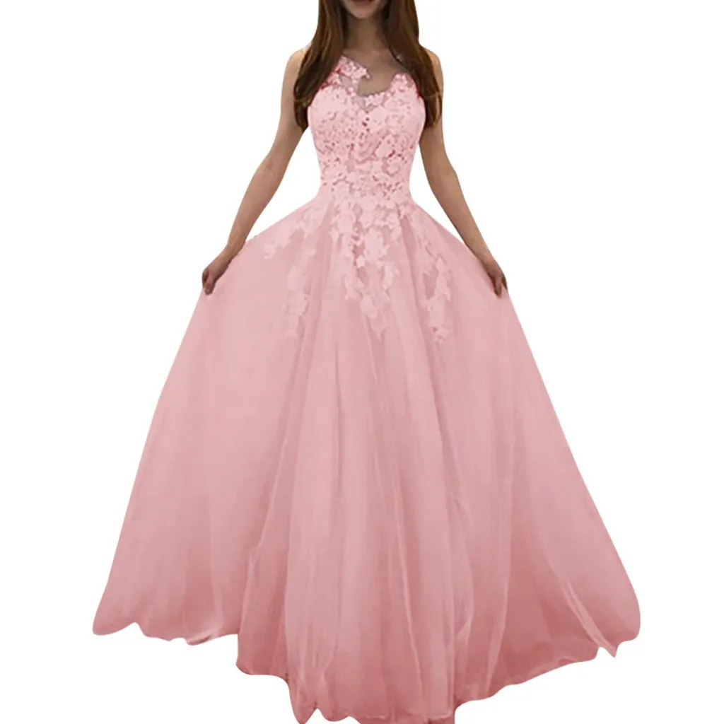 

2019 Women Sexy Slim Floral Lace Dress Elegant Floor Length Sleeveless Party Dress Elegant Bridesmaid Mesh Dress Gown Vestidos