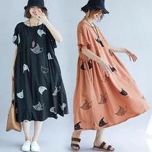 Свободное женское платье размера плюс с милым рисунком кота из мультфильма, о-образный вырез, реглан, короткий рукав, мешковатое, большой размер, больше размера, d, макси платье