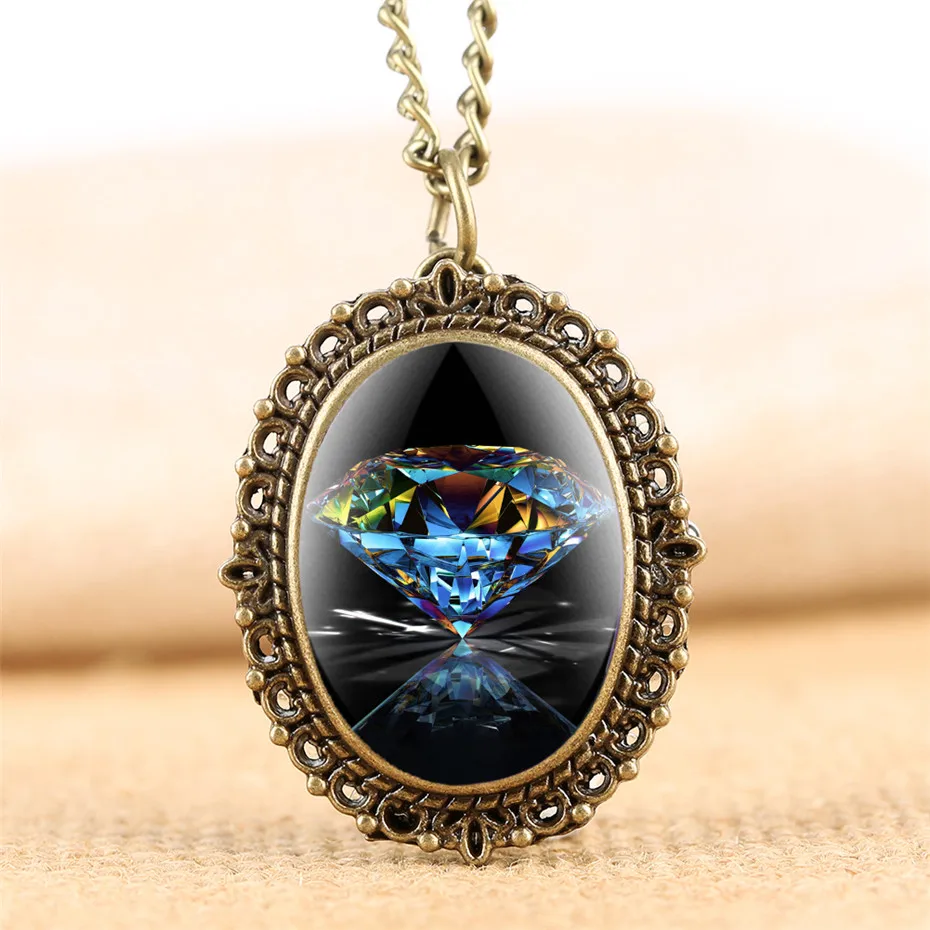 

Mysterious Diamond Fob Quartz Pocket Watch Retro Bronze Neckacel Pendant Chain Unisex Clock Gifts P2341
