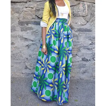 

Women African Dashiki Spring Summer Beach Skirt Floral Print High Waist Pleated Maxi Skirt
