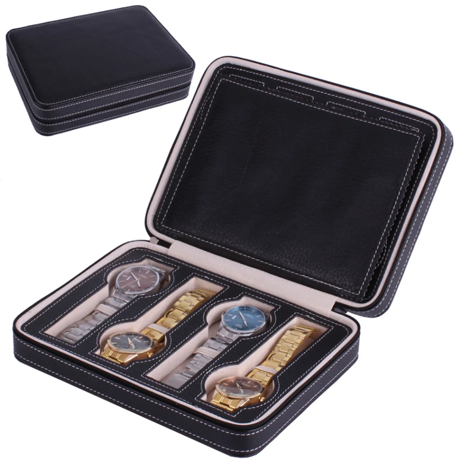 

Watch Case Storage Box Gift Stylish Durable Watch Storage Box Black Faux Leather Portable Travel